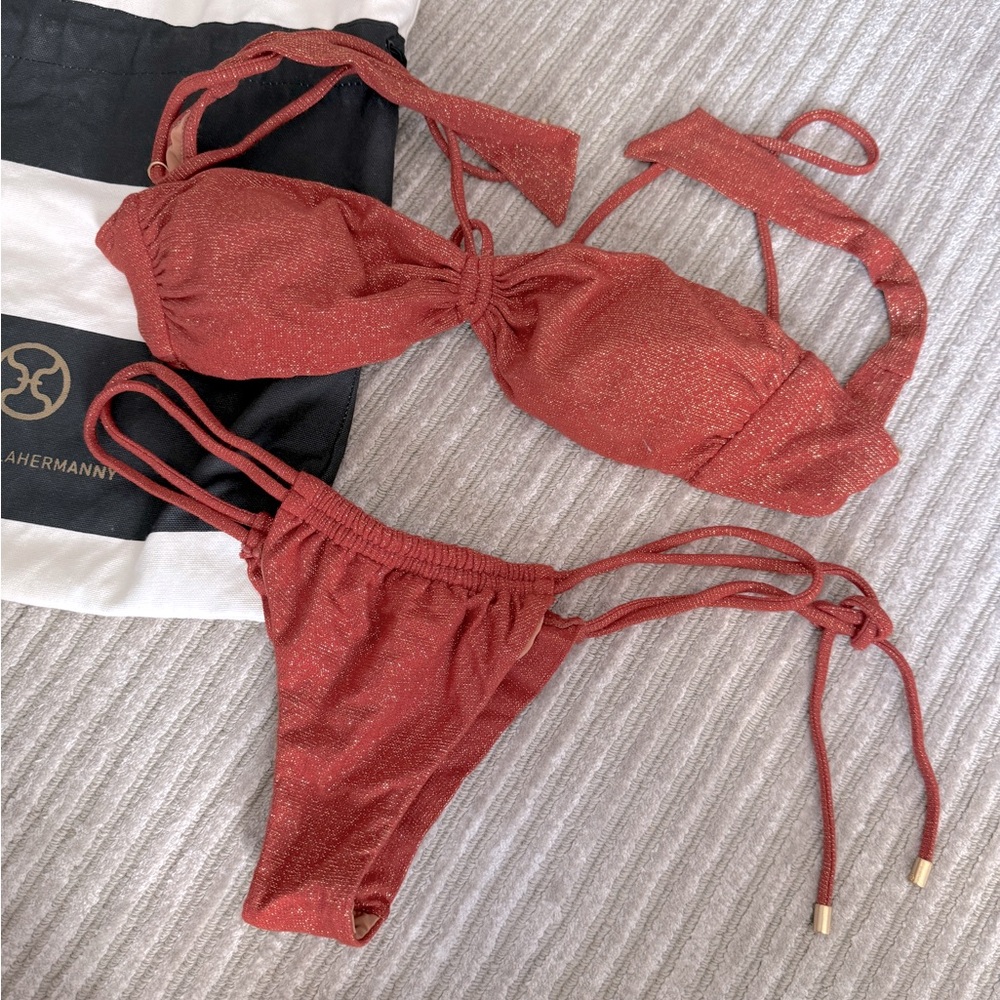 Vix swimwear lurex bikini set small gia top and julie bottom in rust
